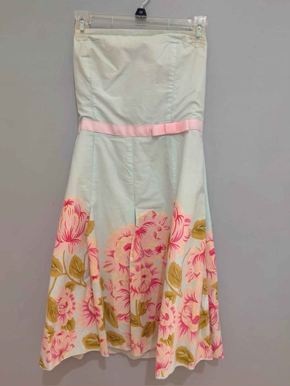 Strapless Floral A-Line Dress with Pink Ribbon Waist